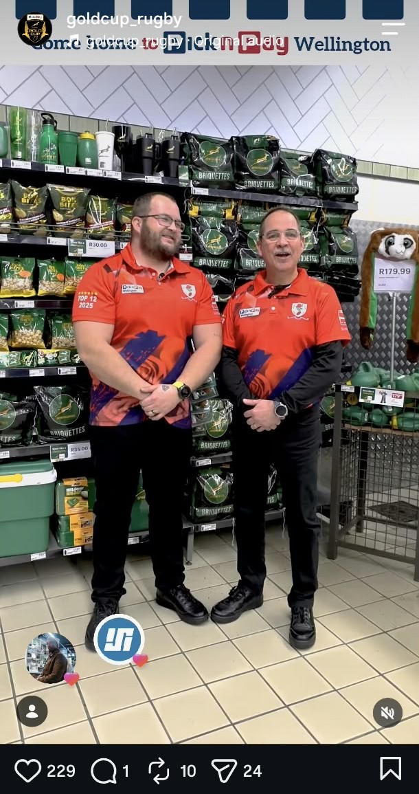 Gold Cup Rugby Instagram post showing two men in Pick n Pay Wellington-branded orange polos in front of Springbok merchandise, with the caption 'Come home to Pick n Pay Wellington'.