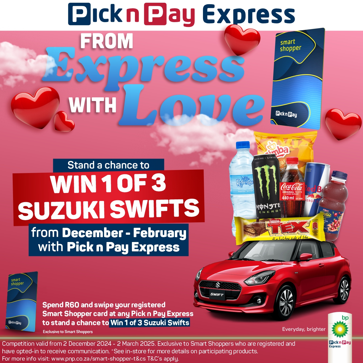 Pick n Pay Express From Express With Love seasonal square social media creative showing the Win 1 of 3 Suzuki Swifts promotion with a red Suzuki Swift, product stack and Smart Shopper details on a pink background.