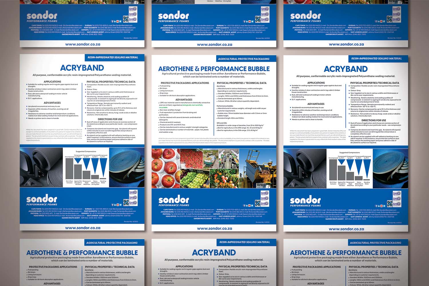 Sondor Performance Foams product leaflets for ACRYBAND and Aerothene Performance Bubble, showing technical specifications, applications and contact details across a 3 by 3 grid of branded data sheets.