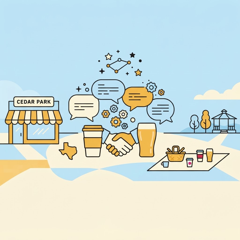 A cartoon illustration showing hands shaking, a coffee cup, a beer glass, speech bubbles, gears, and a Cedar Park shop.