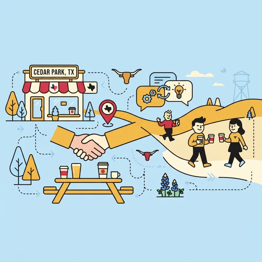 An illustration of a Cedar Park business partnership with handshakes, coffee, people, and Texas motifs on a light blue field.