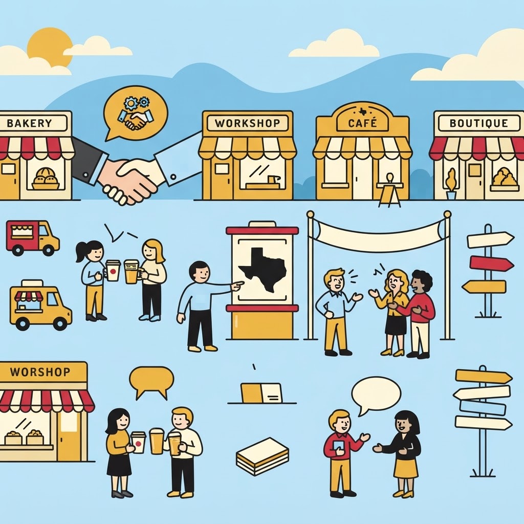 Vector illustration showing small shops like a bakery and cafe, with people interacting, drinking coffee, and road signs.