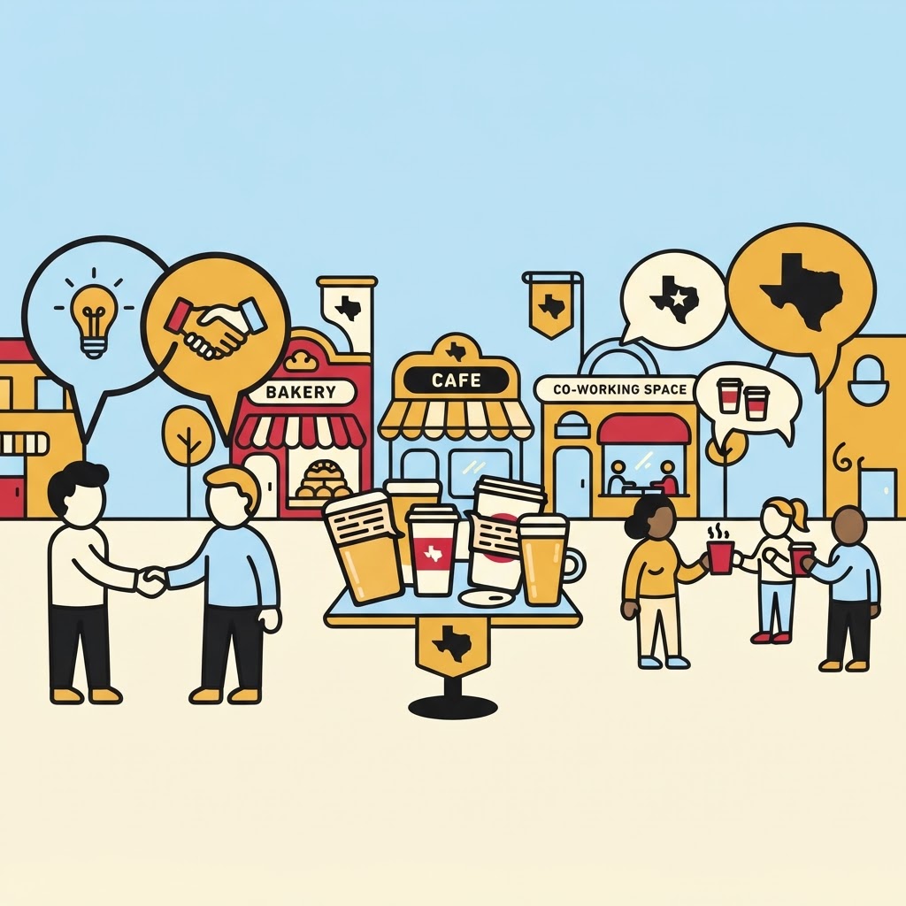 Vector illustration of people gathering in front of a bakery, cafe, and co-working space with Texas state symbols.