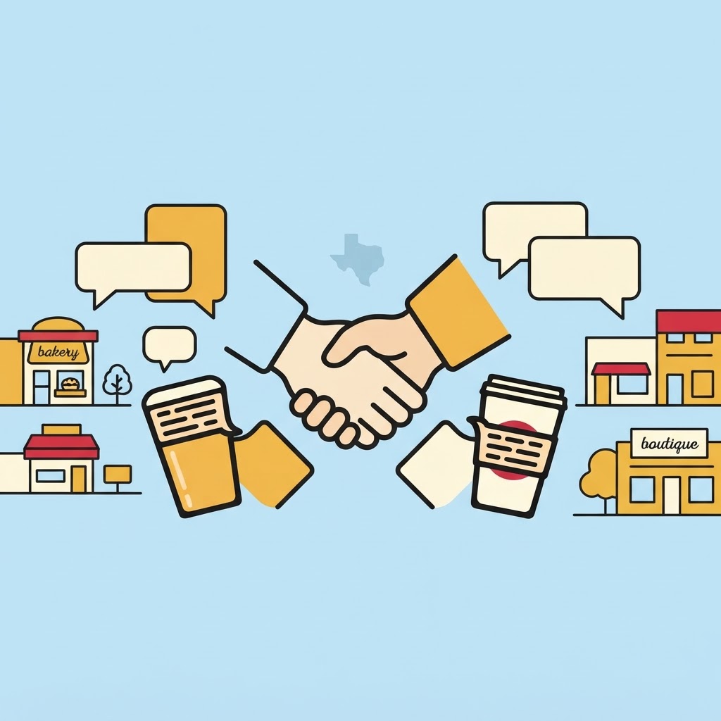 A vector illustration of a handshake in the center, surrounded by shops, coffee cups, and empty speech bubbles.