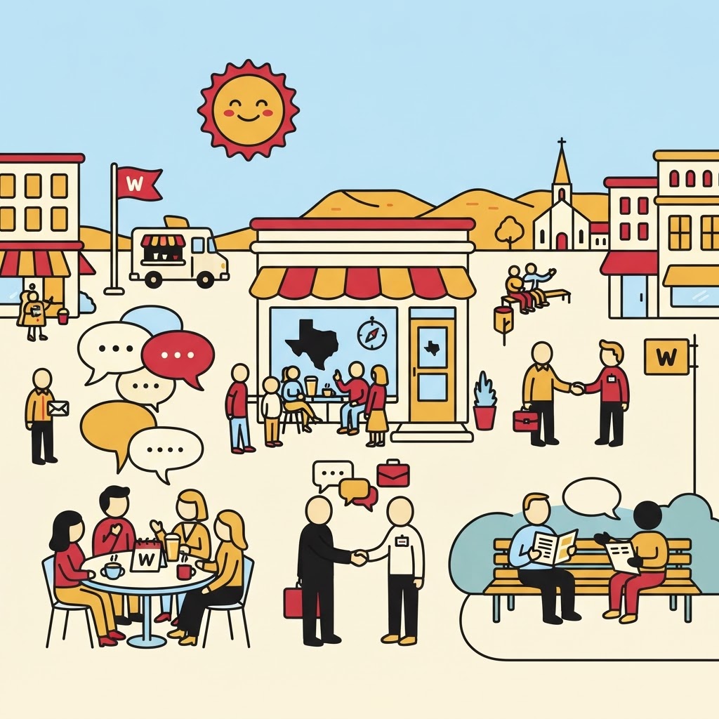 A cartoon illustration of a bustling town square with people conversing, working, and shaking hands under a smiling sun.