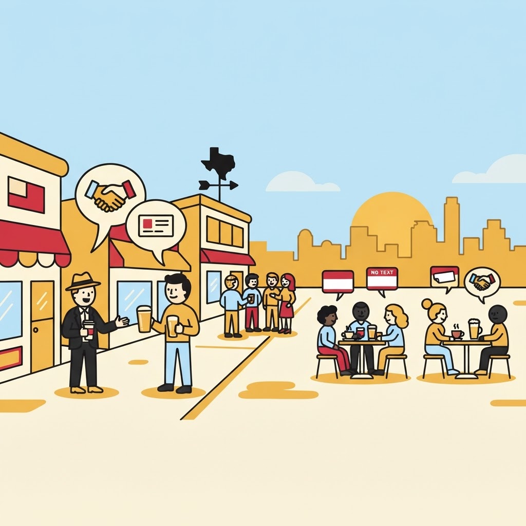 A cartoon showing people socializing in a city square, holding drinks and engaged in conversations with speech bubbles.