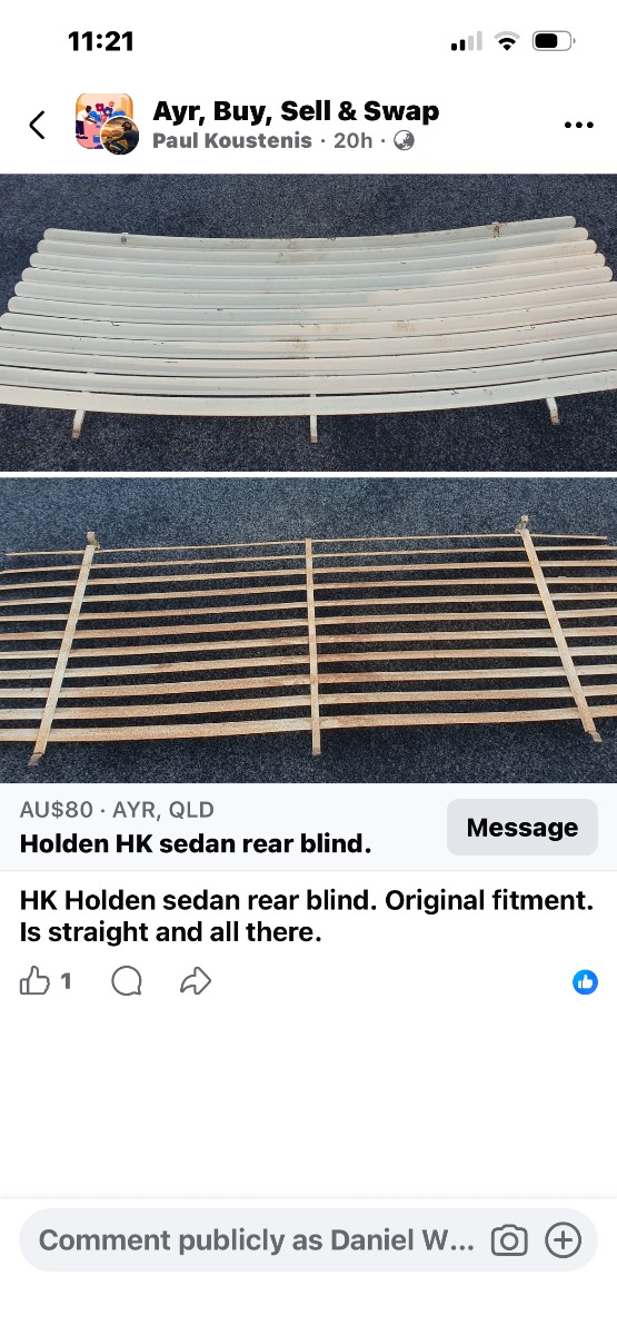 Hk Holden rear blind