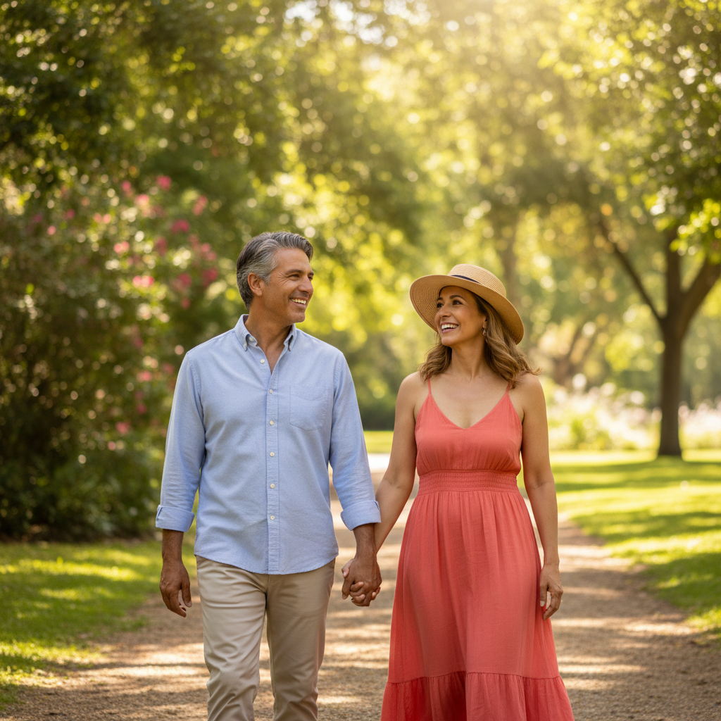 Pareja adulta caminando con energía y confianza