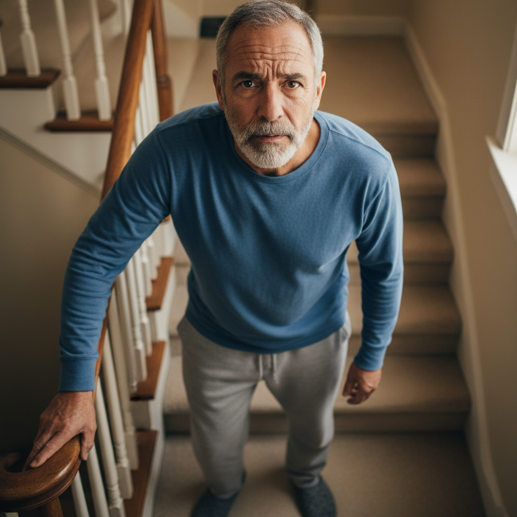 Persona dudando ante las escaleras por dolor articular