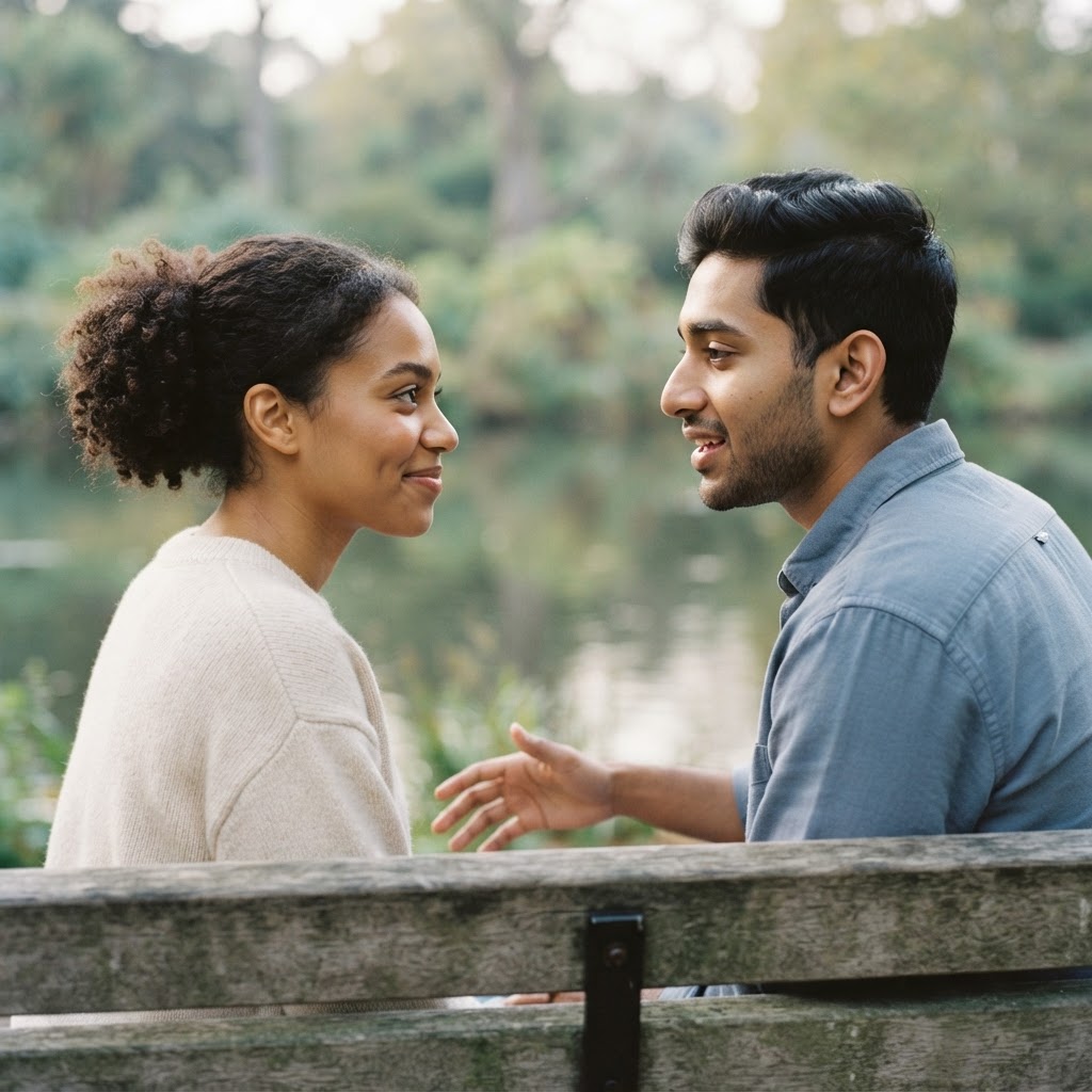 Two young adults sharing warm eye contact and genuine listening in a peaceful natural setting