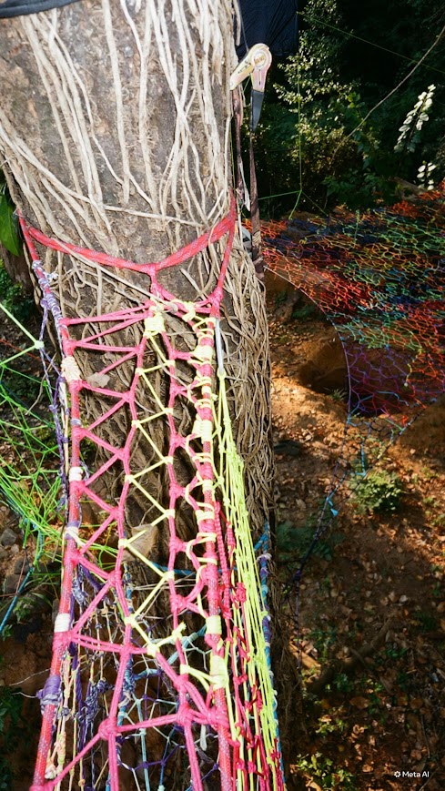 Pink and yellow rope anchored to a tree trunk