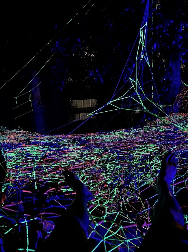 UV-reactive net installation glowing at night