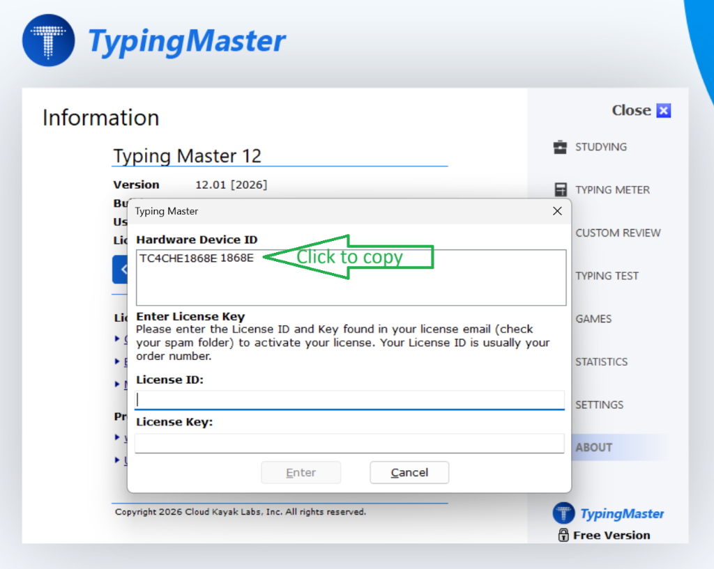 TypingMaster About page showing Hardware Device ID