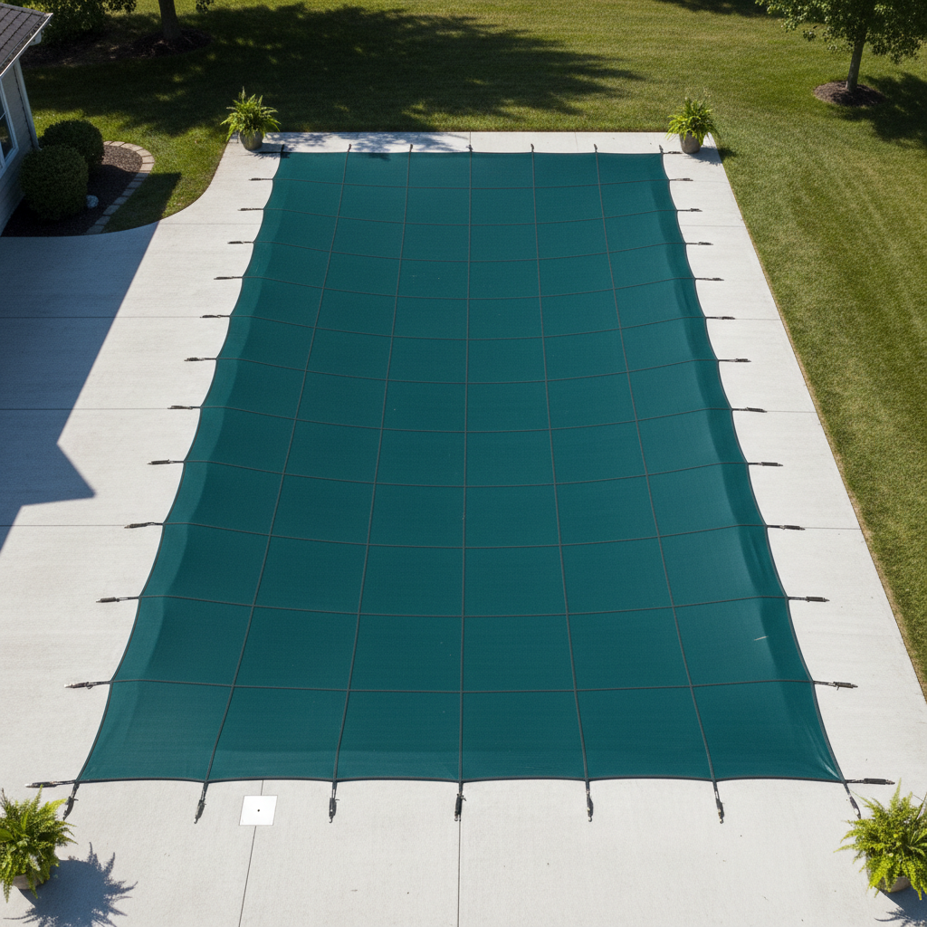 Green safety cover on rectangle pool
