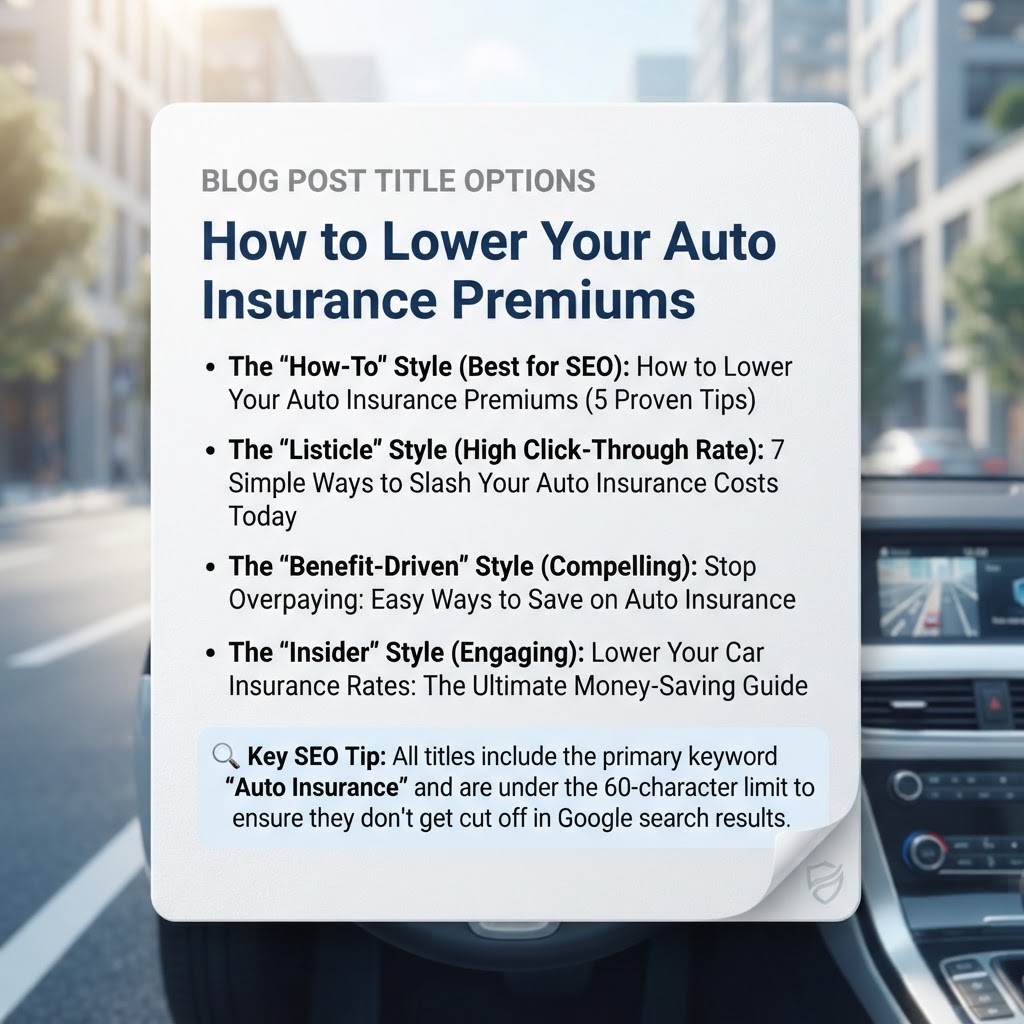 Here are a few options for your blog post title, depending on the tone you want:

**The "How-To" Style (Best for SEO):**
*   How to Lower Your Auto Insurance Premiums (5 Proven Tips)

**The "Listicle" Style (High Click-Through Rate):**
*   7 Simple Ways to Slash Your Auto Insurance Costs Today

**The "Benefit-Driven" Style (Compelling):**
*   Stop Overpaying: Easy Ways to Save on Auto Insurance

**The "Insider" Style (Engaging):**
*   Lower Your Car Insurance Rates: The Ultimate Money-Saving Guide

**Key SEO Tip:** All of these titles include the primary keyword **"Auto Insurance"** and are under the 60-character limit to ensure they don't get cut off in Google search results.