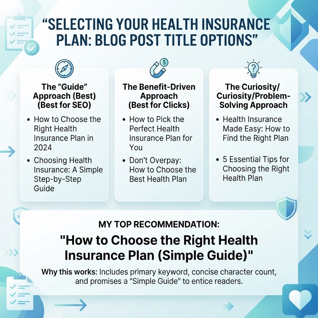 Here are a few options for your blog post title, categorized by the "angle" they take:

**The "Guide" Approach (Best for SEO)**
*   How to Choose the Right Health Insurance Plan in 2024
*   Choosing Health Insurance: A Simple Step-by-Step Guide

**The Benefit-Driven Approach (Best for Clicks)**
*   How to Pick the Perfect Health Insurance Plan for You
*   Don’t Overpay: How to Choose the Best Health Plan

**The Curiosity/Problem-Solving Approach**
*   Health Insurance Made Easy: How to Find the Right Plan
*   5 Essential Tips for Choosing the Right Health Plan

**My Top Recommendation:**
**How to Choose the Right Health Insurance Plan (Simple Guide)**

*Why this works:* It includes the primary keyword (How to choose the right health insurance plan), keeps the character count well under 60, and adds a promise ("Simple Guide") to entice the reader.