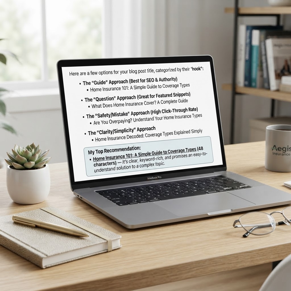 Here are a few options for your blog post title, categorized by their "hook":

**The "Guide" Approach (Best for SEO & Authority)**
*   Home Insurance 101: A Simple Guide to Coverage Types

**The "Question" Approach (Great for Featured Snippets)**
*   What Does Home Insurance Cover? A Complete Guide

**The "Safety/Mistake" Approach (High Click-Through Rate)**
*   Are You Overpaying? Understand Your Home Insurance Types

**The "Clarity/Simplicity" Approach**
*   Home Insurance Decoded: Coverage Types Explained Simply

**My Top Recommendation:**
*   **Home Insurance 101: A Simple Guide to Coverage Types** (48 characters) — *It’s clear, keyword-rich, and promises an easy-to-understand solution to a complex topic.*