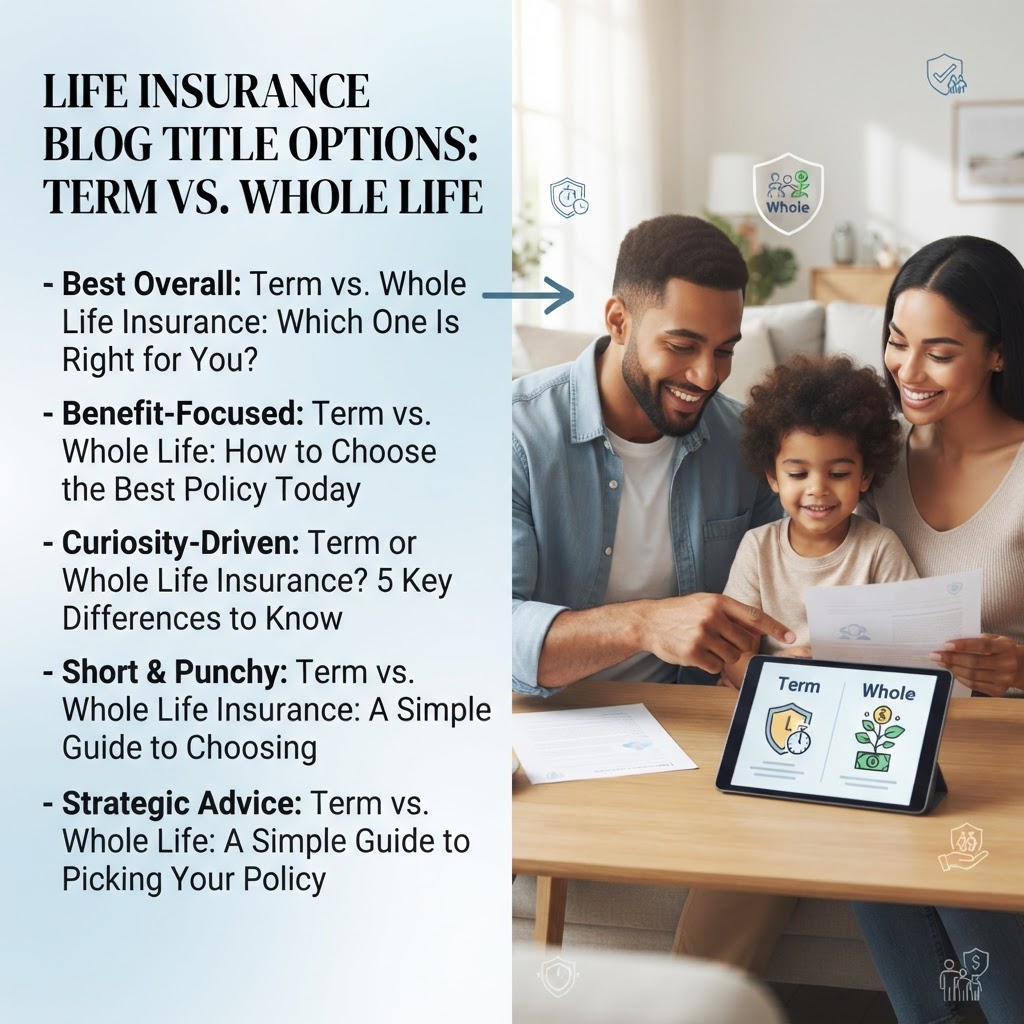 Here are a few options for your blog post title, categorized by their focus:

**Best Overall (Balanced & Engaging)**
*   Term vs. Whole Life Insurance: Which One Is Right for You?

**Benefit-Focused (High Click-Through Rate)**
*   Term vs. Whole Life: How to Choose the Best Policy Today

**Curiosity-Driven (Educational)**
*   Term or Whole Life Insurance? 5 Key Differences to Know

**Short & Punchy (Great for SEO)**
*   Term vs. Whole Life Insurance: A Simple Guide to Choosing

**Strategic Advice**
*   Term vs. Whole Life: A Simple Guide to Picking Your Policy

**SEO Tip:** The first option (**Term vs. Whole Life Insurance: Which One Is Right for You?**) is generally the strongest for search engines because it contains your primary keywords while directly addressing the user's search intent.