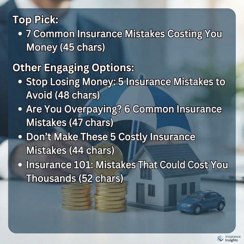 Here are a few options for your blog post title, keeping them under 60 characters and optimized for clicks:

**Top Pick:**
*   **7 Common Insurance Mistakes Costing You Money** (45 chars)

**Other Engaging Options:**
*   **Stop Losing Money: 5 Insurance Mistakes to Avoid** (48 chars)
*   **Are You Overpaying? 6 Common Insurance Mistakes** (47 chars)
*   **Don’t Make These 5 Costly Insurance Mistakes** (44 chars)
*   **Insurance 101: Mistakes That Could Cost You Thousands** (52 chars)

**SEO Tip:** If you are targeting a specific niche (like auto, home, or life insurance), be sure to swap the word "Insurance" for the specific type to rank higher for those search terms (e.g., *"5 Common Car Insurance Mistakes to Avoid"*).