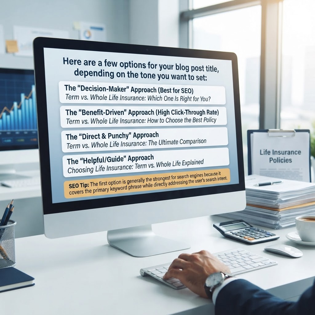 Here are a few options for your blog post title, depending on the tone you want to set:
**The "Decision-Maker" Approach (Best for SEO)**
* Term vs. Whole Life Insurance: Which One Is Right for You?
**The "Benefit-Driven" Approach (High Click-Through Rate)**
* Term vs. Whole Life Insurance: How to Choose the Best Policy
**The "Direct & Punchy" Approach**
* Term vs. Whole Life Insurance: The Ultimate Comparison
**The "Helpful/Guide" Approach**
* Choosing Life Insurance: Term vs. Whole Life Explained
**SEO Tip:** The first option is generally the strongest for search engines because it covers the primary keyword phrase while directly addressing the user's search intent.
