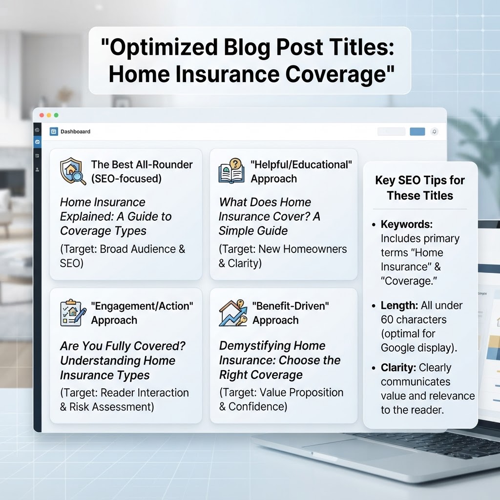 Here are a few options for your blog post title, depending on the tone you want to set:

**The Best All-Rounder (SEO-focused)**
*   Home Insurance Explained: A Guide to Coverage Types

**The "Helpful/Educational" Approach**
*   What Does Home Insurance Cover? A Simple Guide

**The "Engagement/Action" Approach**
*   Are You Fully Covered? Understanding Home Insurance Types

**The "Benefit-Driven" Approach**
*   Demystifying Home Insurance: Choose the Right Coverage

**Key SEO Tips for these titles:**
*   **Keywords:** All of these include the primary keyword "Home Insurance" and "Coverage."
*   **Length:** All are under 60 characters, ensuring they won't get cut off in Google search results.
*   **Clarity:** They clearly communicate what the reader will gain by clicking.
