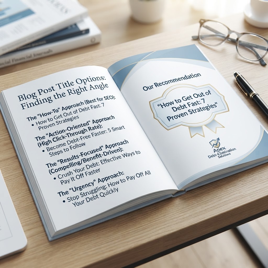Here are a few options for your blog post title, categorized by the "angle" they take:

**The "How-To" Approach (Best for SEO):**
*   How to Get Out of Debt Fast: 7 Proven Strategies (50 chars)

**The "Action-Oriented" Approach (High Click-Through Rate):**
*   Become Debt-Free Faster: 5 Smart Steps to Follow (48 chars)

**The "Results-Focused" Approach (Compelling/Benefit-Driven):**
*   Crush Your Debt: Effective Ways to Pay It Off Faster (51 chars)

**The "Urgency" Approach:**
*   Stop Struggling: How to Pay Off All Your Debt Quickly (51 chars)

**Recommendation:**
If you want the best balance of SEO (keywords) and clickability, go with:
**"How to Get Out of Debt Fast: 7 Proven Strategies"**