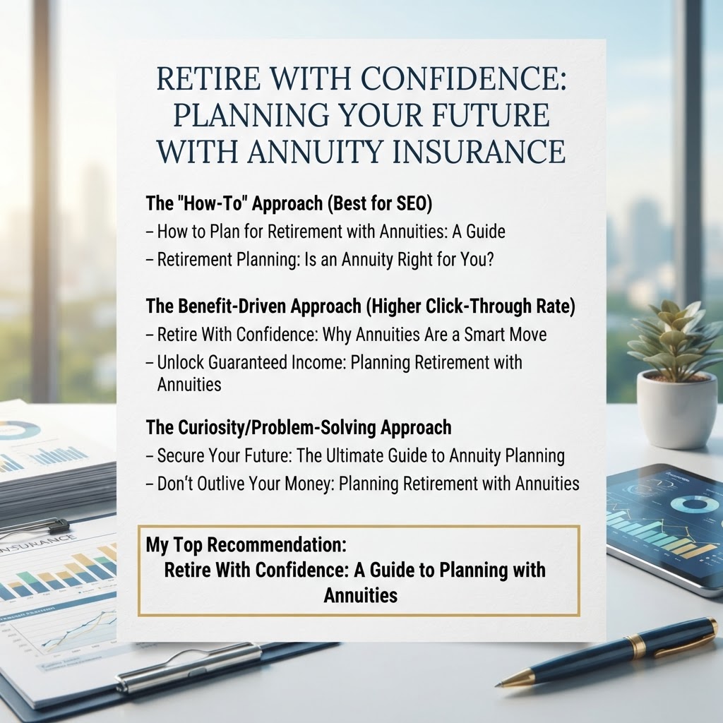 Here are a few options for your blog post title, categorized by the "angle" they take:

**The "How-To" Approach (Best for SEO)**
*   How to Plan for Retirement with Annuities: A Guide (50 chars)
*   Retirement Planning: Is an Annuity Right for You? (48 chars)

**The Benefit-Driven Approach (Higher Click-Through Rate)**
*   Retire With Confidence: Why Annuities Are a Smart Move (52 chars)
*   Unlock Guaranteed Income: Planning Retirement with Annuities (56 chars)

**The Curiosity/Problem-Solving Approach**
*   Secure Your Future: The Ultimate Guide to Annuity Planning (54 chars)
*   Don’t Outlive Your Money: Planning Retirement with Annuities (56 chars)

**My Top Recommendation:**
**Retire With Confidence: A Guide to Planning with Annuities** (56 characters) – *This is balanced, professional, and addresses both the reader's emotional need (confidence) and the keyword intent (planning with annuities).*