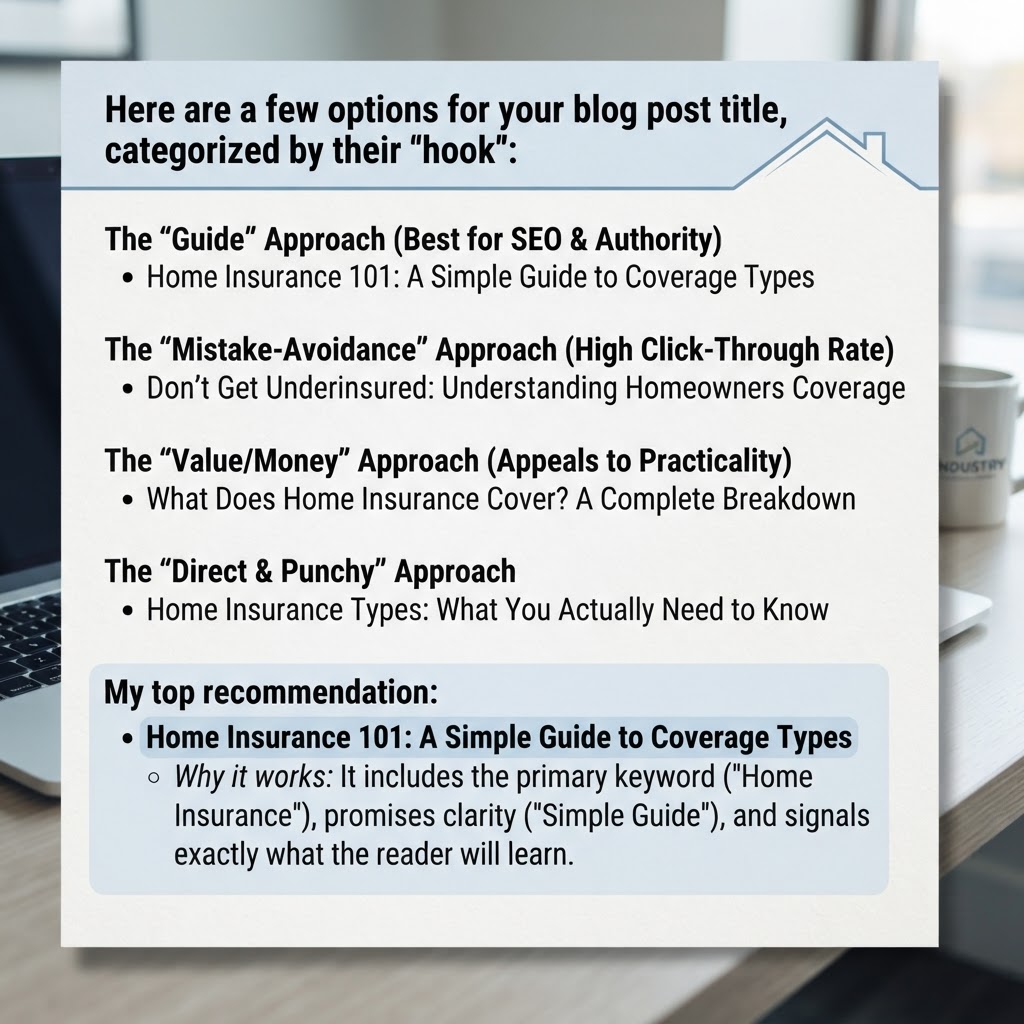 Here are a few options for your blog post title, categorized by their "hook":

**The "Guide" Approach (Best for SEO & Authority)**
*   Home Insurance 101: A Simple Guide to Coverage Types

**The "Mistake-Avoidance" Approach (High Click-Through Rate)**
*   Don’t Get Underinsured: Understanding Homeowners Coverage

**The "Value/Money" Approach (Appeals to Practicality)**
*   What Does Home Insurance Cover? A Complete Breakdown

**The "Direct & Punchy" Approach**
*   Home Insurance Types: What You Actually Need to Know

**My top recommendation:**
*   **Home Insurance 101: A Simple Guide to Coverage Types** (51 characters) 
    *   *Why it works:* It includes the primary keyword ("Home Insurance"), promises clarity ("Simple Guide"), and signals exactly what the reader will learn.