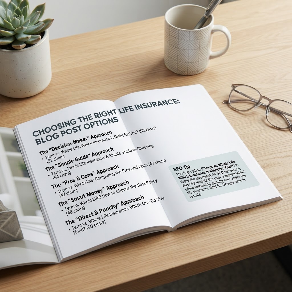 Here are a few options for your blog post title, categorized by their specific "hook":

**The "Decision-Maker" Approach**
*   Term vs. Whole Life: Which Insurance Is Right for You? (52 chars)

**The "Simple Guide" Approach**
*   Term vs. Whole Life Insurance: A Simple Guide to Choosing (54 chars)

**The "Pros & Cons" Approach**
*   Term vs. Whole Life: Comparing the Pros and Cons (47 chars)

**The "Smart Money" Approach**
*   Term or Whole Life? How to Choose the Best Policy (48 chars)

**The "Direct & Punchy" Approach**
*   Term vs. Whole Life Insurance: Which One Do You Need? (50 chars)

**SEO Tip:** The first option (**"Term vs. Whole Life: Which Insurance Is Right for You?"**) is likely the strongest for SEO because it directly targets the user's search intent while remaining punchy and under the 60-character limit for Google search results.
