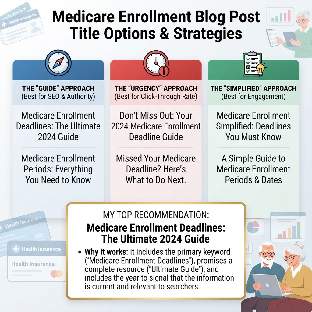 Here are a few options for your blog post title, categorized by their specific "angle":
**The "Guide" Approach (Best for SEO & Authority)**
* Medicare Enrollment Deadlines: The Ultimate 2024 Guide (51 chars)
* Medicare Enrollment Periods: Everything You Need to Know (53 chars)
**The "Urgency" Approach (Best for Click-Through Rate)**
* Don’t Miss Out: Your 2024 Medicare Enrollment Deadline Guide (56 chars)
* Missed Your Medicare Deadline? Here’s What to Do Next (51 chars)
**The "Simplified" Approach (Best for Engagement)**
* Medicare Enrollment Simplified: Deadlines You Must Know (53 chars)
* A Simple Guide to Medicare Enrollment Periods & Dates (52 chars)
**My Top Recommendation:**
**Medicare Enrollment Deadlines: The Ultimate 2024 Guide**
* **Why it works:** It includes the primary keyword ("Medicare Enrollment Deadlines"), promises a complete resource ("Ultimate Guide"), and includes the year to signal that the information is current and relevant to searchers.