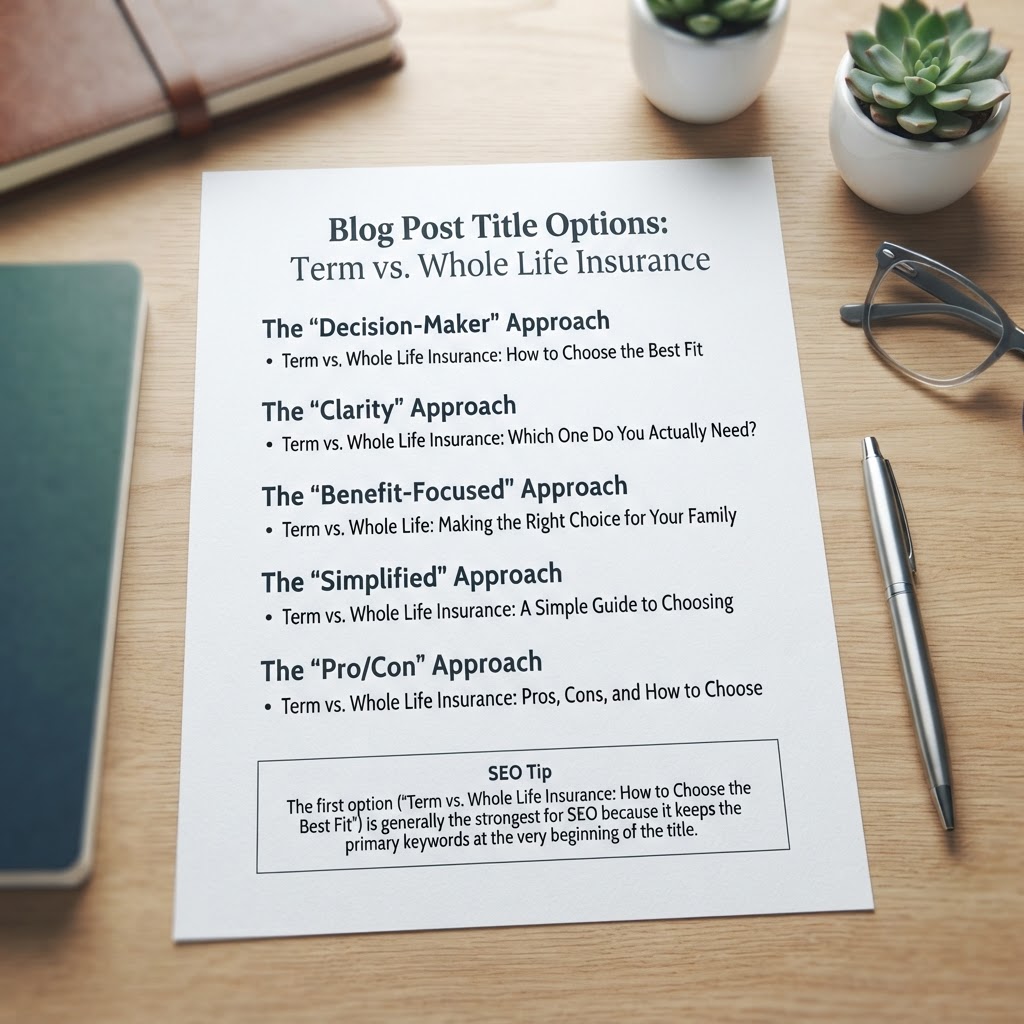 Here are a few options for your blog post title, categorized by their specific "hook":

**The "Decision-Maker" Approach**
*   Term vs. Whole Life Insurance: How to Choose the Best Fit (54 chars)

**The "Clarity" Approach**
*   Term vs. Whole Life Insurance: Which One Do You Actually Need? (58 chars)

**The "Benefit-Focused" Approach**
*   Term vs. Whole Life: Making the Right Choice for Your Family (57 chars)

**The "Simplified" Approach**
*   Term vs. Whole Life Insurance: A Simple Guide to Choosing (54 chars)

**The "Pro/Con" Approach**
*   Term vs. Whole Life Insurance: Pros, Cons, and How to Choose (56 chars)

**SEO Tip:** The first option (**"Term vs. Whole Life Insurance: How to Choose the Best Fit"**) is generally the strongest for SEO because it keeps the primary keywords at the very beginning of the title.