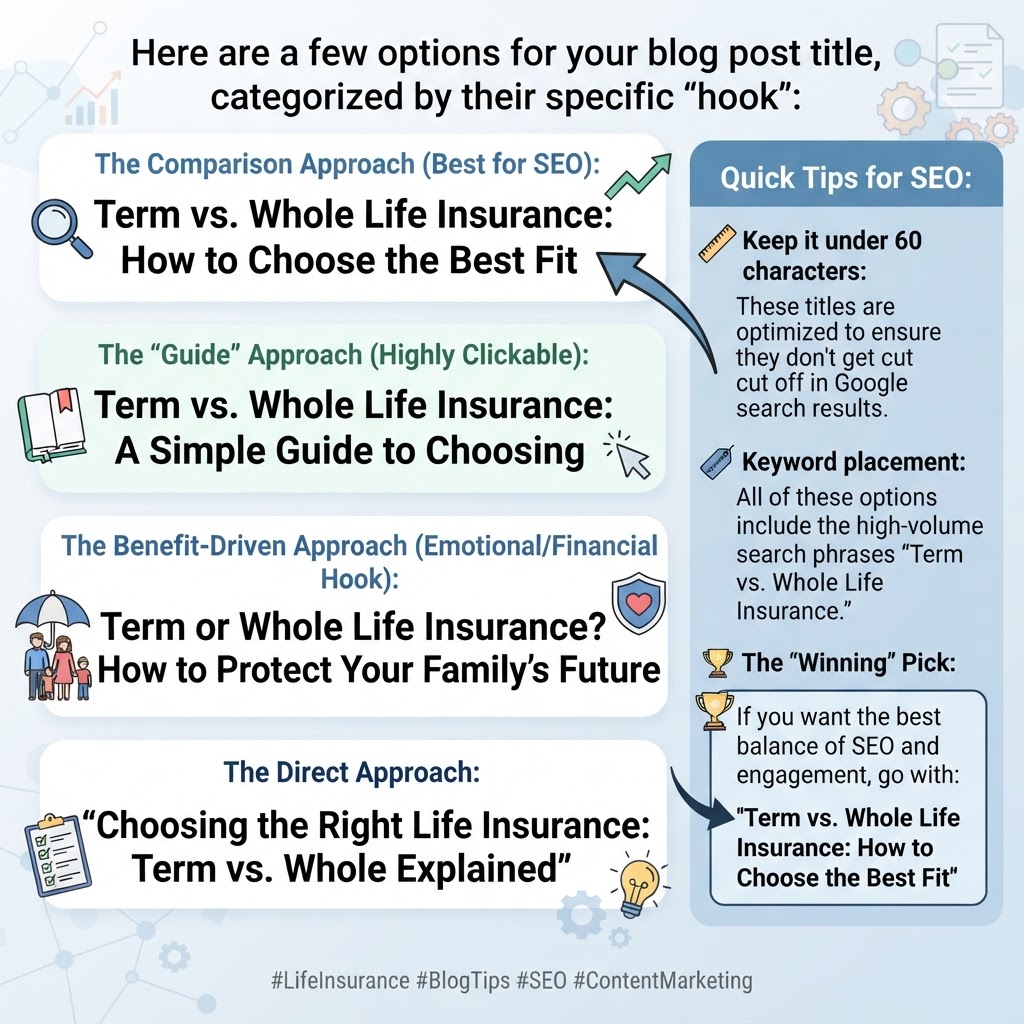Here are a few options for your blog post title, categorized by their specific "hook":

**The Comparison Approach (Best for SEO)**
*   Term vs. Whole Life Insurance: How to Choose the Best Fit

**The "Guide" Approach (Highly Clickable)**
*   Term vs. Whole Life Insurance: A Simple Guide to Choosing

**The Benefit-Driven Approach (Emotional/Financial Hook)**
*   Term or Whole Life Insurance? How to Protect Your Family’s Future

**The Direct Approach**
*   Choosing the Right Life Insurance: Term vs. Whole Explained

**Quick Tips for SEO:**
*   **Keep it under 60 characters:** These titles are optimized to ensure they don't get cut off in Google search results.
*   **Keyword placement:** All of these options include the high-volume search phrases "Term vs. Whole Life Insurance."
*   **The "Winning" Pick:** If you want the best balance of SEO and engagement, go with: **"Term vs. Whole Life Insurance: How to Choose the Best Fit"**