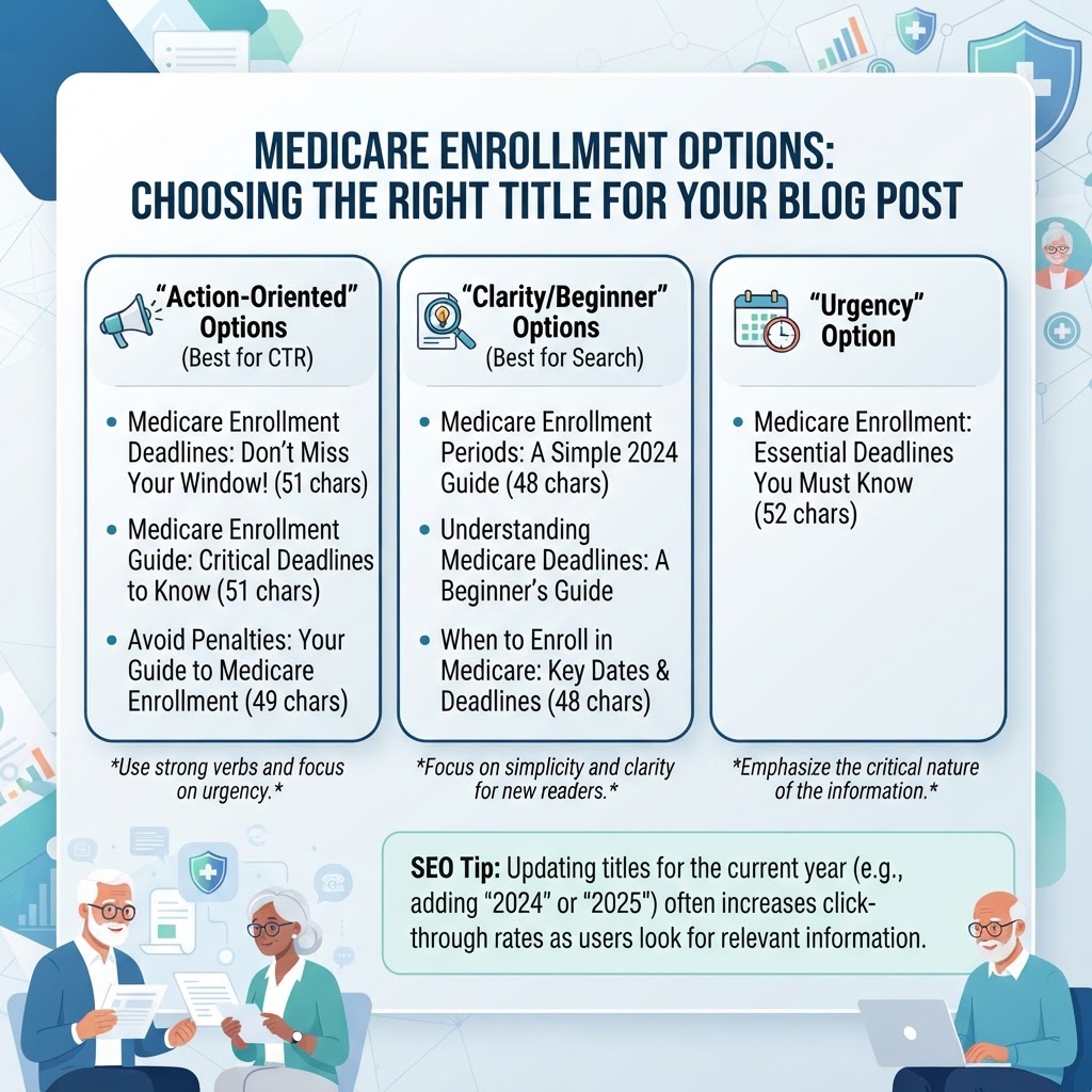 Here are a few options for your blog post title, depending on the tone you want to set:

**The "Action-Oriented" Options (Best for CTR)**
*   Medicare Enrollment Deadlines: Don’t Miss Your Window! (51 chars)
*   Medicare Enrollment Guide: Critical Deadlines to Know (51 chars)
*   Avoid Penalties: Your Guide to Medicare Enrollment (49 chars)

**The "Clarity/Beginner" Options (Best for Search)**
*   Medicare Enrollment Periods: A Simple 2024 Guide (48 chars)
*   Understanding Medicare Deadlines: A Beginner’s Guide (50 chars)
*   When to Enroll in Medicare: Key Dates & Deadlines (48 chars)

**The "Urgency" Option**
*   Medicare Enrollment: Essential Deadlines You Must Know (52 chars)

**SEO Tip:** If you are updating this for the current year, adding "2024" or "2025" to the end of the title often increases click-through rates, as users are looking for the most relevant, up-to-date information.