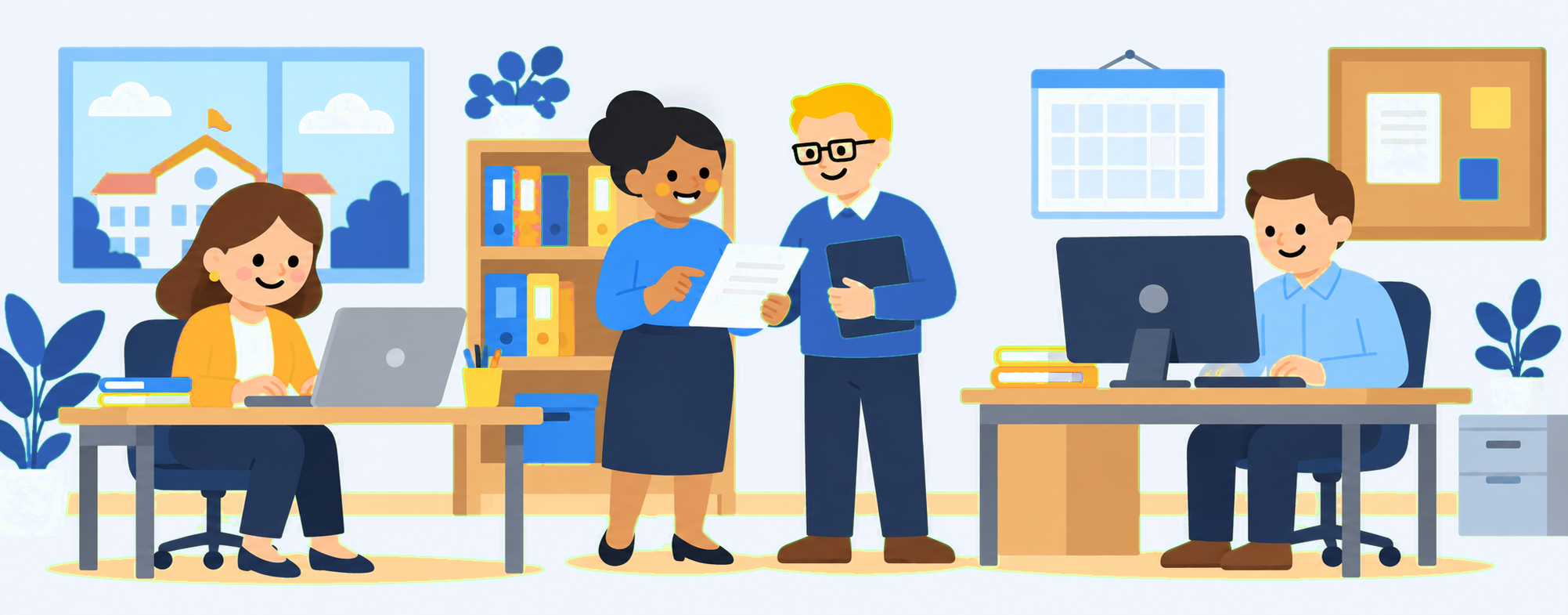 Equipo de administración escolar trabajando en conjunto