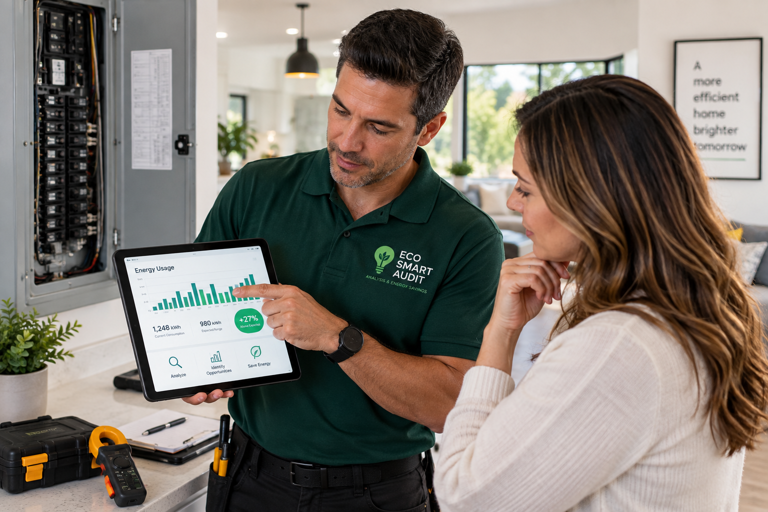 Energy analyst reviewing consumption data on a tablet