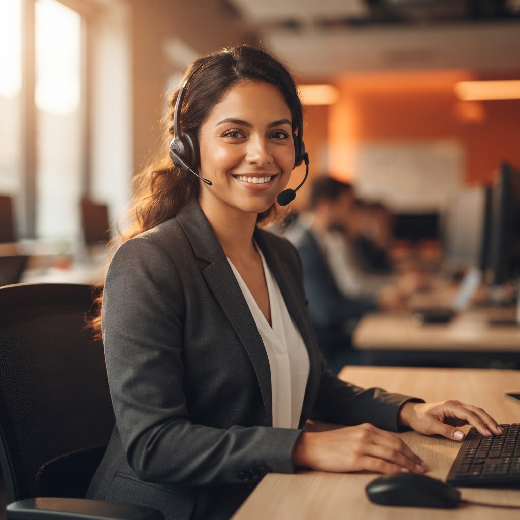 Agente de atención al cliente sonriendo con auriculares en un centro de contacto