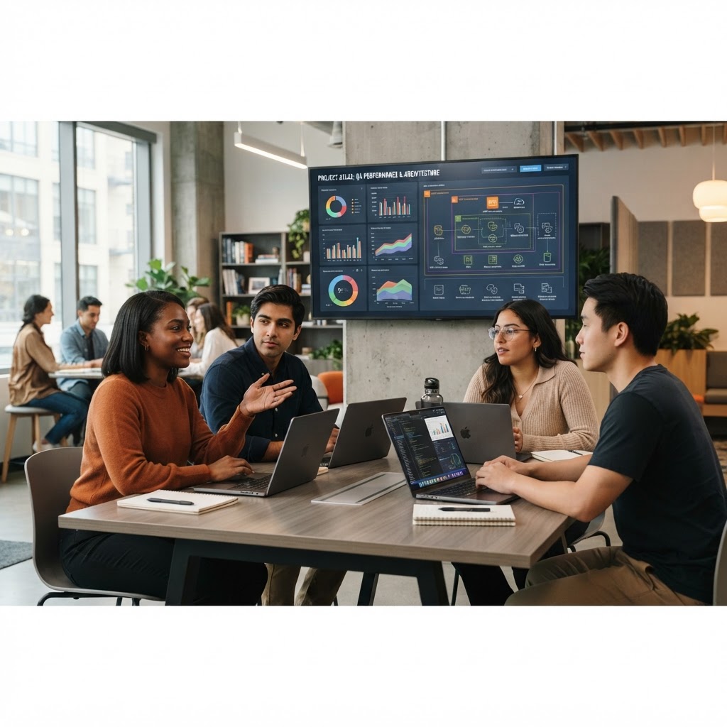 Students reviewing a data dashboard and AI system architecture on a large studio display