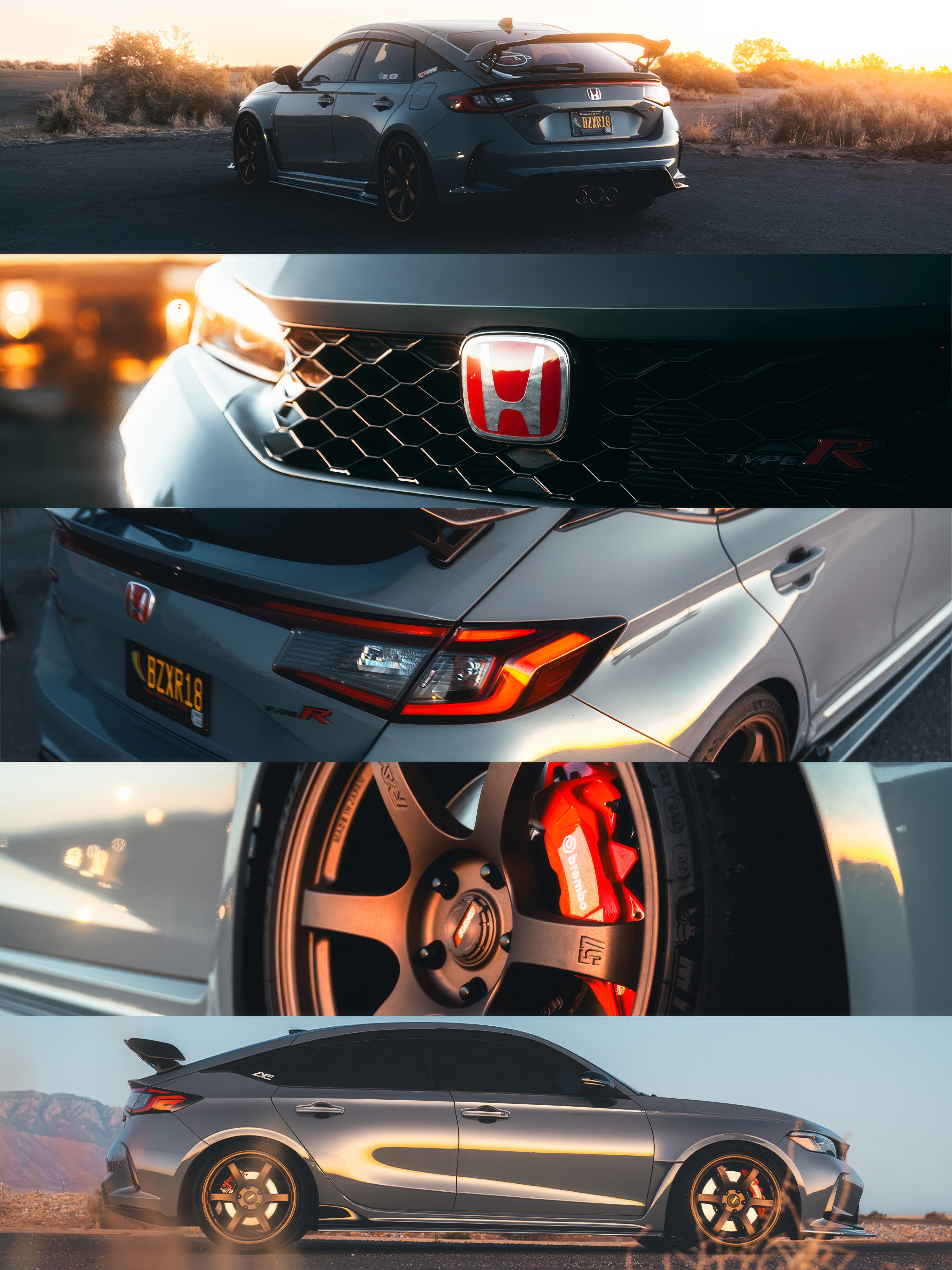 Honda Civic Type R - photography automotive photography by Chan2blazed Media: Golden-hour desert shoot capturing the Honda Civic Type R — from wide landscape silhouettes to tight detail shots of the red Honda emblem, Type R badge, Brembo calipers, and RAYS TE37 wheels.