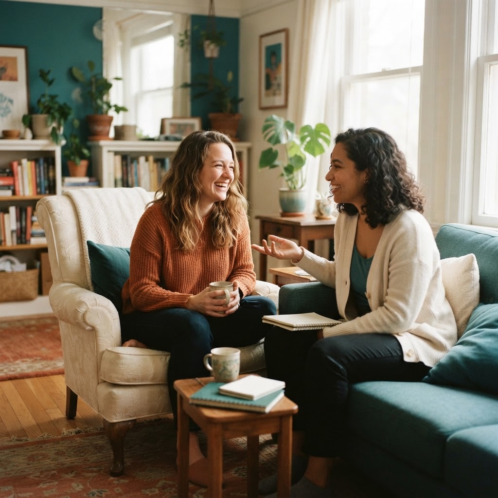 Two people in a warm, one-on-one conversation