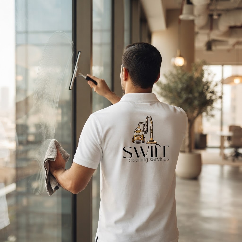 Swift medewerker in uniform met logo aan het werk