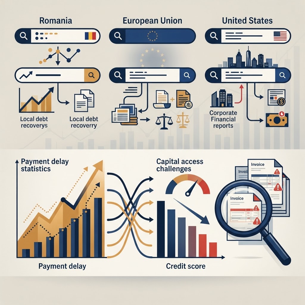 Top 6 căutări Google despre debt collection B2B: România vs. SUA vs. UE — ce spun tiparele de căutare despre accesul la capital, întârzierile de plată și pierderile companiilor