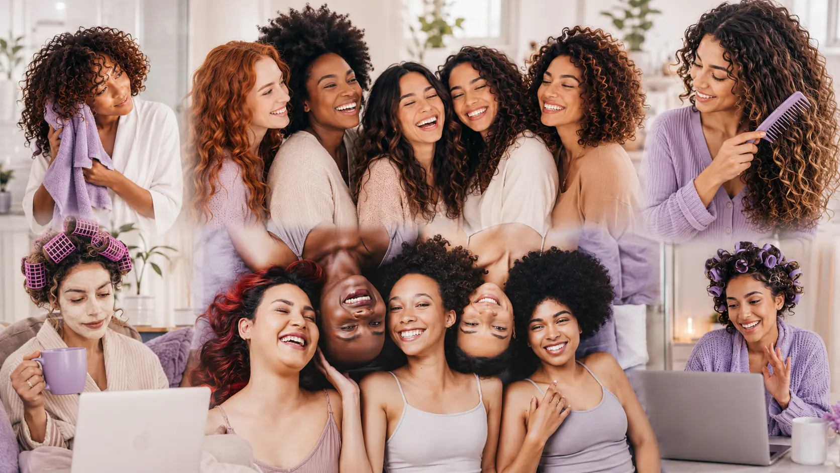 Diverse group of women with curly, coily, and wavy hair in a relaxed, communal self-care setting