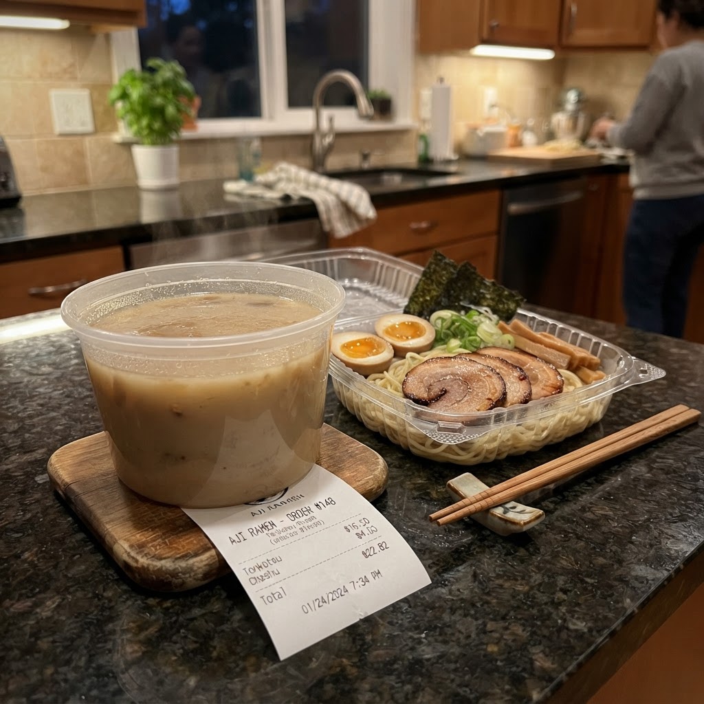 Tonkotsu ramen from Kuro Ramen Bar in takeout containers on a kitchen counter, broth steaming beside noodles and toppings