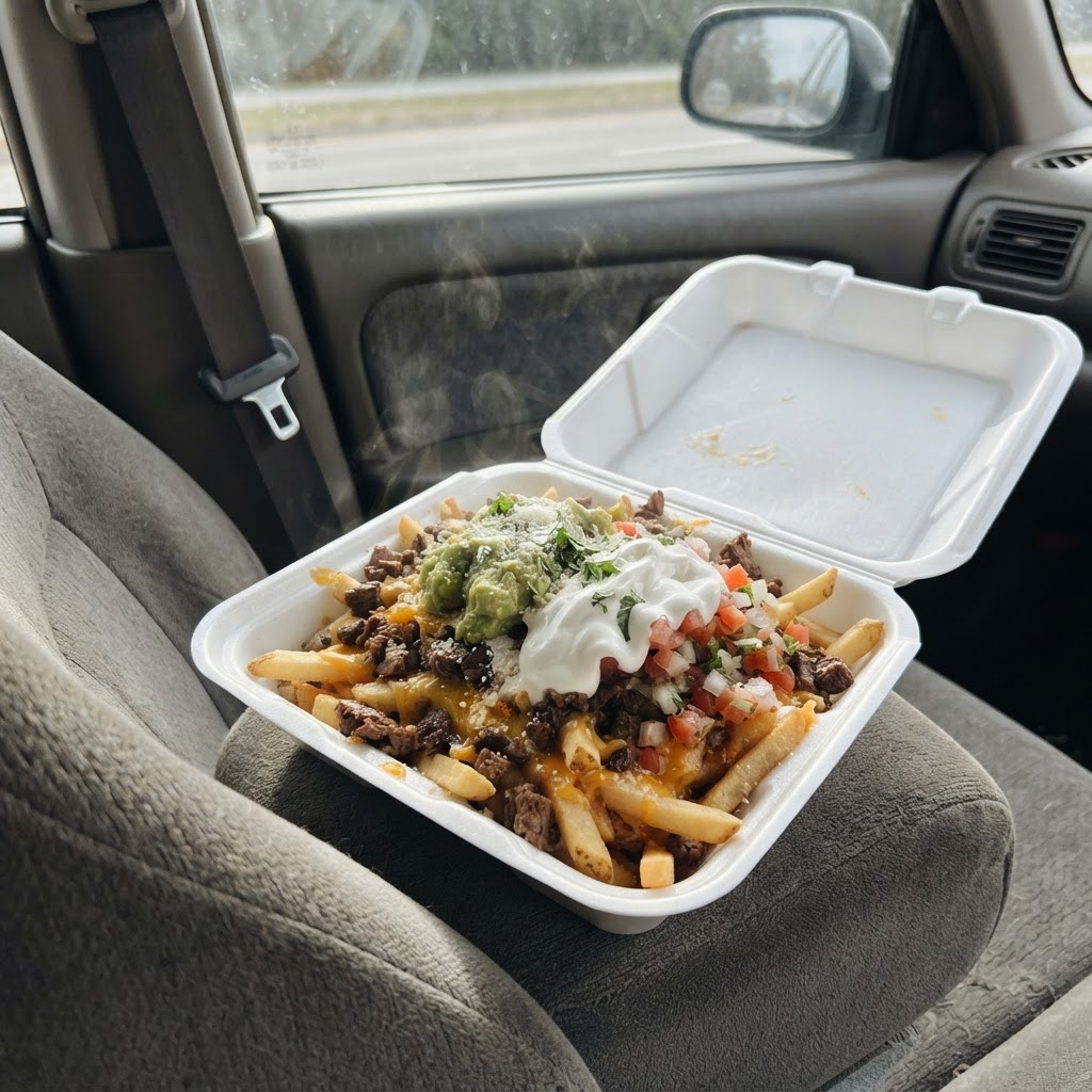 Carne asada fries from Golden Hour Tacos in a foam clamshell on a car seat, cheese melted and fries crisp on arrival