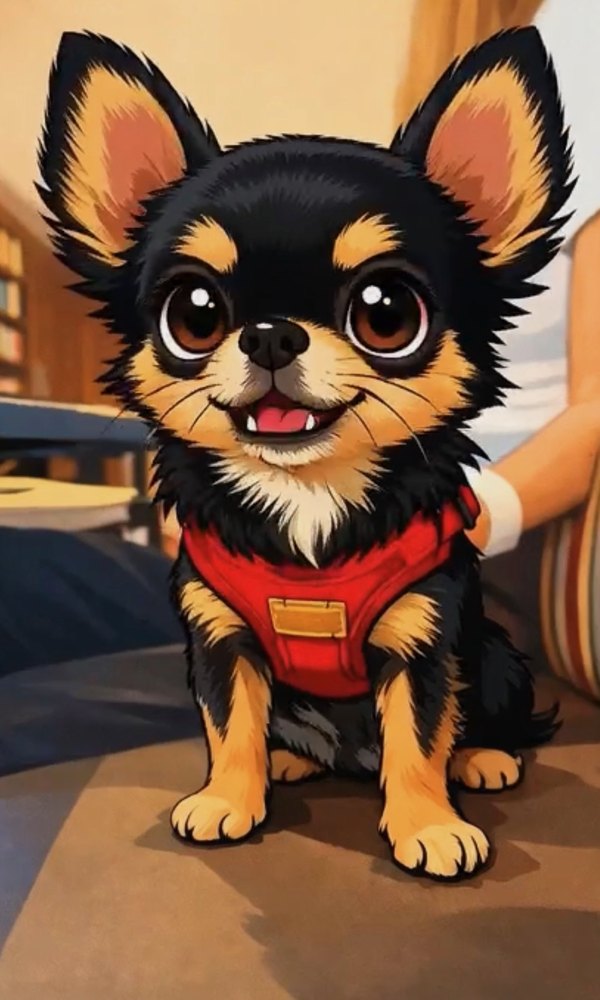 Animated portrait of a black-and-tan Chihuahua in a red harness.