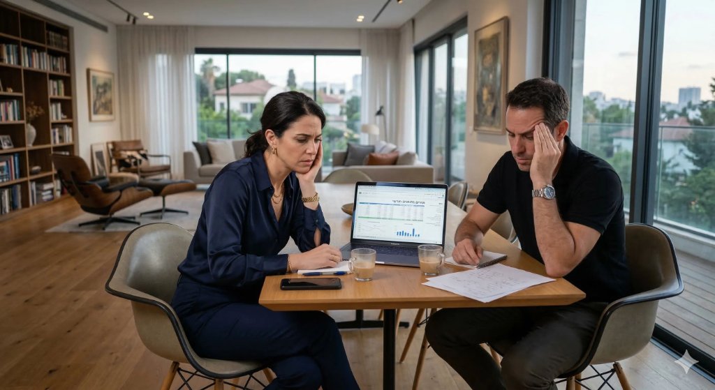 זוג מבוסס כלכלית דואג מול מחשב וניירות - פתרון לטעויות בניהול כלכלת המשפחה שמייצרות מינוס למרות שכר גבוה