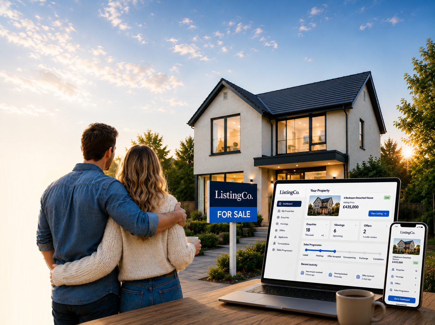 A couple with their home and the ListingCo seller dashboard