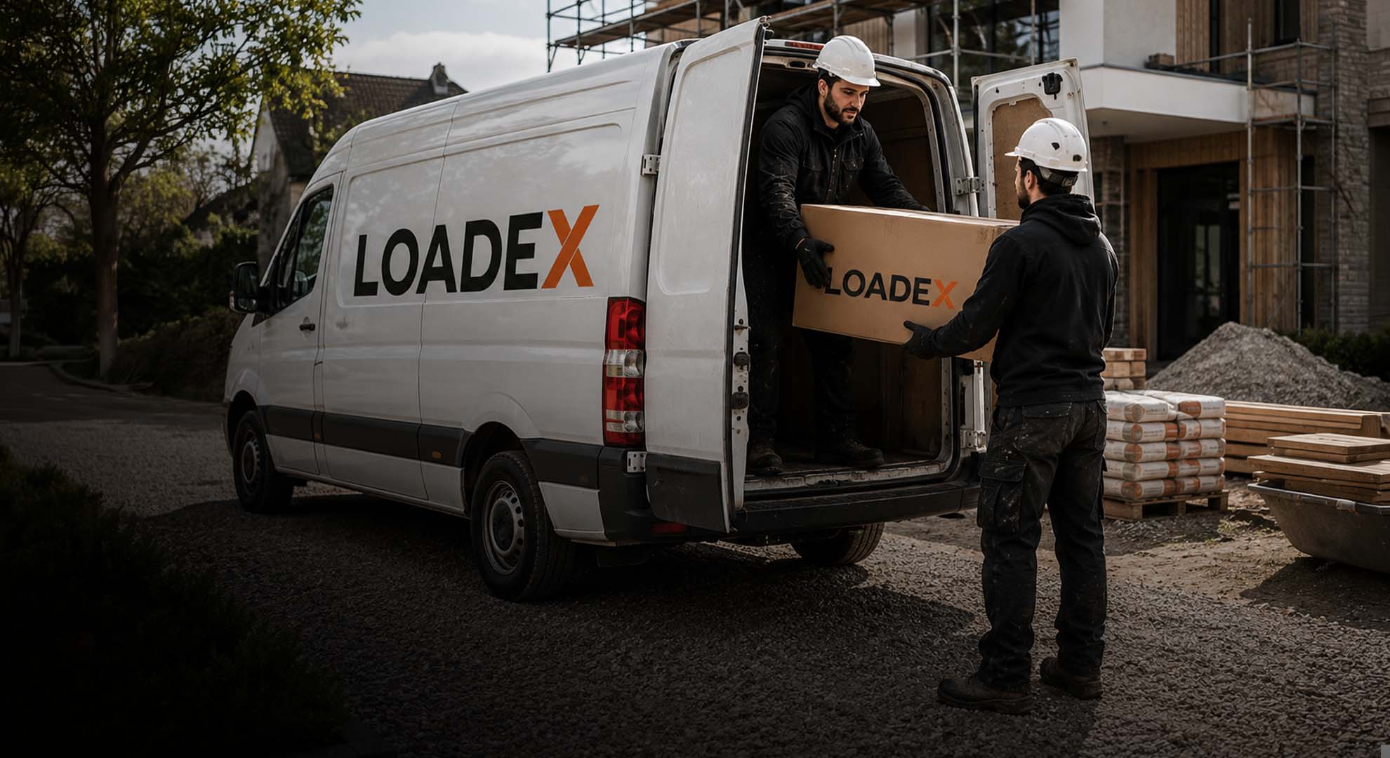 Loadex-rijder levert bouwmaterialen op de werf