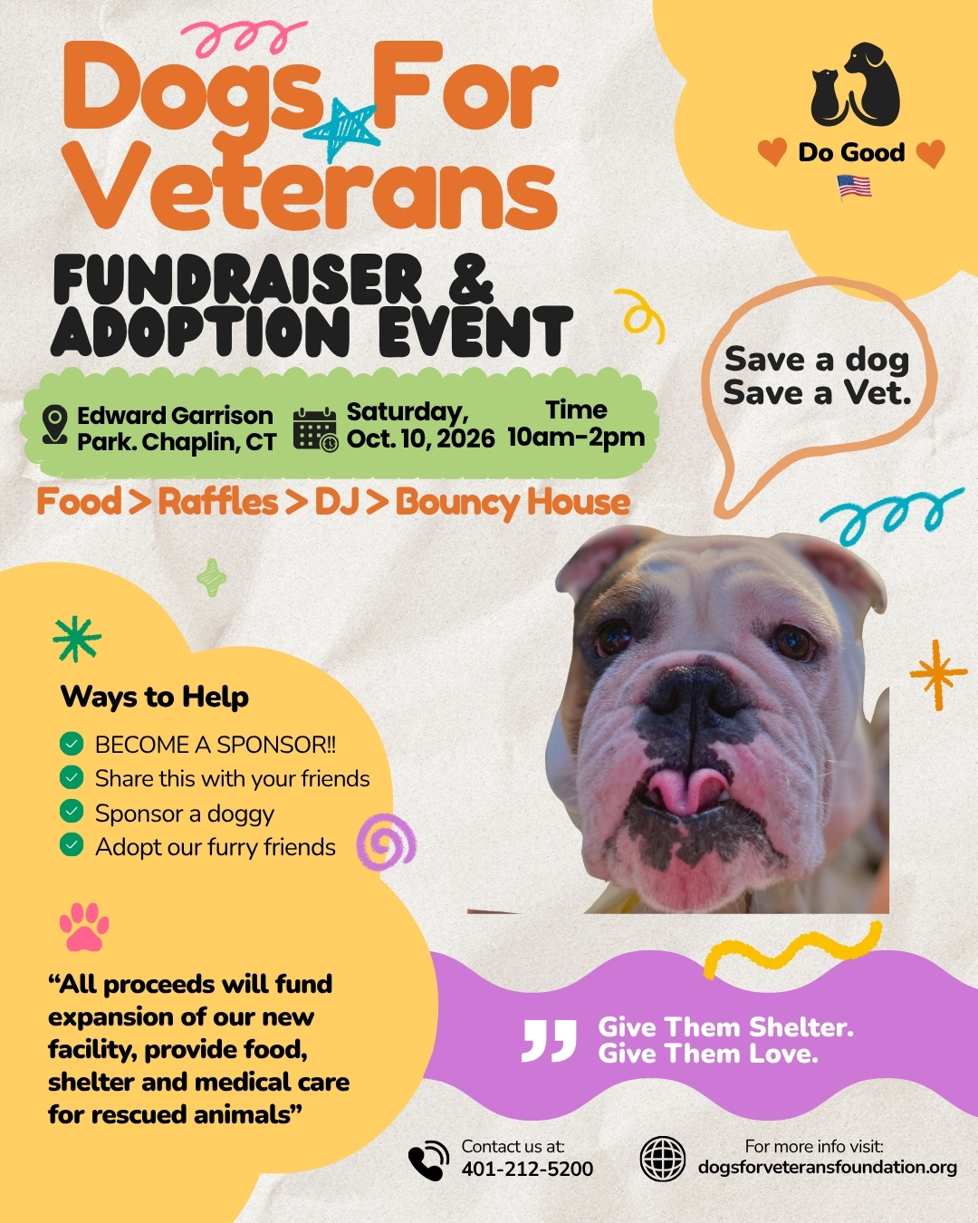 Dogs For Veterans Fundraiser & Adoption Event - Saturday, Oct. 10, 2026 at Edward Garrison Park, Chaplin, CT from 10am-2pm