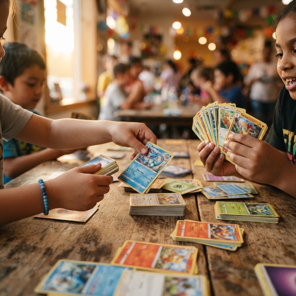 Children's hands holding and sorting trading cards